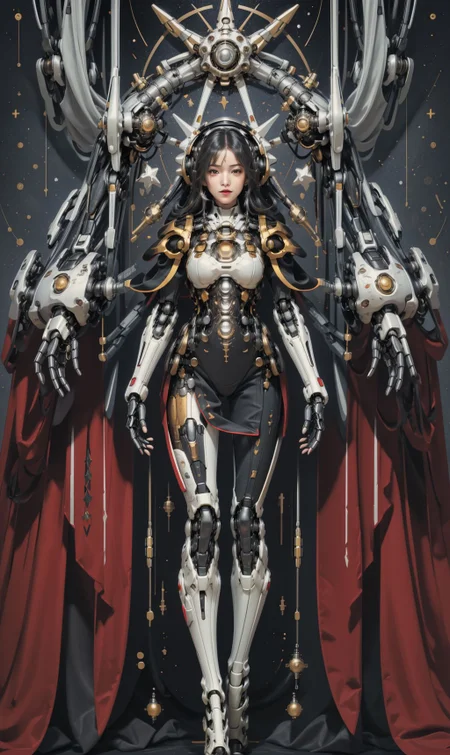 <lora:tarot_mecha:1>,1girl,mecha,full body,Tarot, red armor, star map,simple background, <lora:animetarotV51:0.8>, <lora:techpriest:0.6>, mechanical arms, steampunk, hood, robe, techpriest, (masterpiece, best quality, high quality, highres, ultra-detailed),