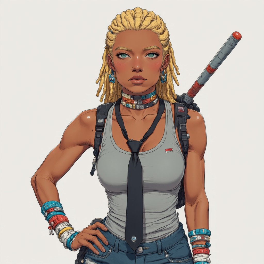 1girl, dreadlocks, blonde hair, dark-skinned female, green eyes, brown lips, grey tank top, black necktie, jeans,multiple bracelets,upper body