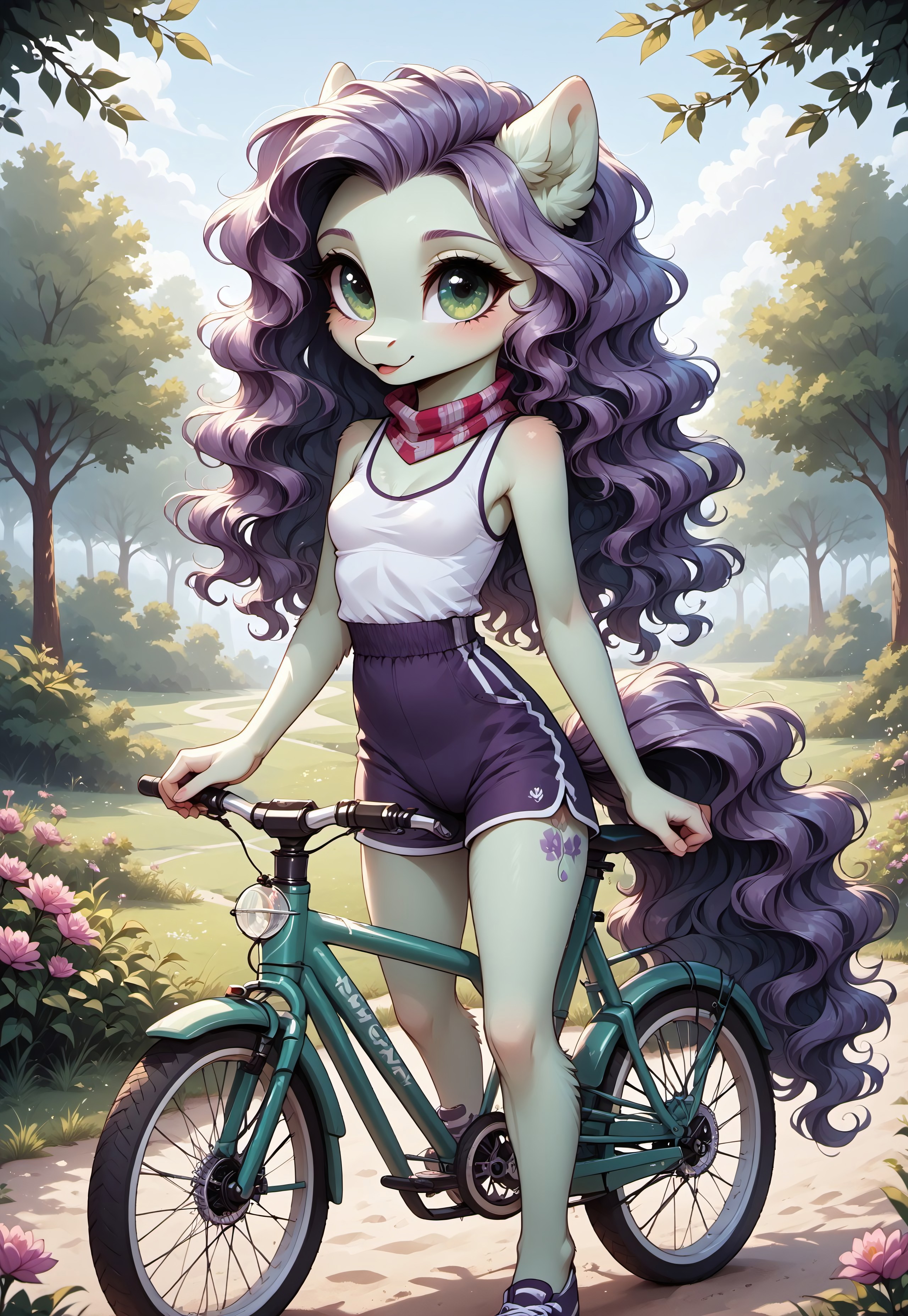 safe_pos, masterpiece, score_9_up, score_8_up, score_7_up, score_6_up, source_pony, (best quality:1.1), ultra-detailed, high resolution, solo, highly detailed macro illustration, (good_hands) BREAK 1girl, anthro pony, female, Pegasus wings, (beautiful green eyes:1.4), (big eyes), long eyelashes, (light purple wavy hair:1.4), (light green fur:1.2), fluffy ears, small breasts, narrow waist, slim BREAK tank top, purple shorts, sports boots, cycling gloves, neck scarf, (riding a bicycle:1.5) BREAK mikus-concept, full body, cute, chibi BREAK outside, green park, grass, sand, nature, lush vegetation, lavender, flowers, butterflie, day, sunny, shadows BREAK sharp focus, perfect lighting, anatomically correct, extremely detailed, high detail, detailed background, OverallDetail, zPDXL3