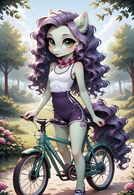 safe_pos, masterpiece, score_9_up, score_8_up, score_7_up, score_6_up, source_pony, (best quality:1.1), ultra-detailed, high resolution, solo, highly detailed macro illustration, (good_hands) BREAK 1girl, anthro pony, female, Pegasus wings, (beautiful green eyes:1.4), (big eyes), long eyelashes, (light purple wavy hair:1.4), (light green fur:1.2), fluffy ears, small breasts, narrow waist, slim BREAK tank top, purple shorts, sports boots, cycling gloves, neck scarf, (riding a bicycle:1.5) BREAK mikus-concept, full body, cute, chibi BREAK outside, green park, grass, sand, nature, lush vegetation, lavender, flowers, butterflie, day, sunny, shadows BREAK sharp focus, perfect lighting, anatomically correct, extremely detailed, high detail, detailed background, OverallDetail, zPDXL3