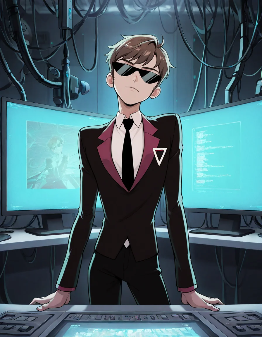 masterpiece, best quality, newest, perfect quality, best quality, detailed background, intricate details, male focus, anime, tech lab, monitors, <lora:Helluva Boss - Agent One - Illustrious-000006:0.8>, agent1, 1boy, brown hair, black sunglasses, two-tone suit jacket, white shirt, black necktie, black pants, head tilt, looking at viewer, behind desk