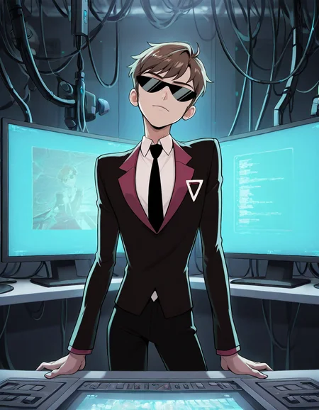 masterpiece, best quality, newest, perfect quality, best quality, detailed background, intricate details, male focus, anime, tech lab, monitors, <lora:Helluva Boss - Agent One - Illustrious-000006:0.8>, agent1, 1boy, brown hair, black sunglasses, two-tone suit jacket, white shirt, black necktie, black pants, head tilt, looking at viewer, behind desk