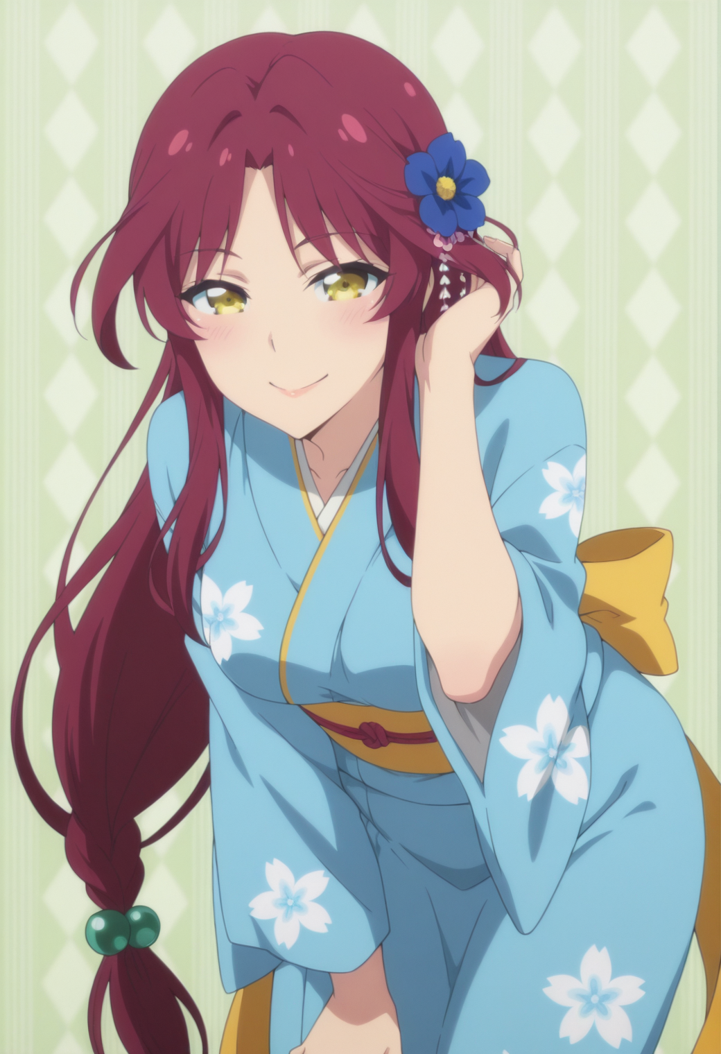 anime screencap, anime coloring,   <lora:DX888Kyou:1> apricot, yellow eyes, very long hair, red hair, parted bangs, single braid,  BREAK  back bow, blue flower, blue kimono, floral print kimono, heart hair ornament, japanese clothes, kanzashi, long sleeves,  obi, obiage, obijime, wide sleeves BREAK simple background, green background,  argyle background, BREAK  1girl, blush, hand in own hair, leaning forward, looking at viewer, smile, solo,