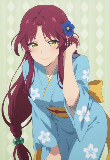 anime screencap, anime coloring,   <lora:DX888Kyou:1> apricot, yellow eyes, very long hair, red hair, parted bangs, single braid,  BREAK  back bow, blue flower, blue kimono, floral print kimono, heart hair ornament, japanese clothes, kanzashi, long sleeves,  obi, obiage, obijime, wide sleeves BREAK simple background, green background,  argyle background, BREAK  1girl, blush, hand in own hair, leaning forward, looking at viewer, smile, solo,