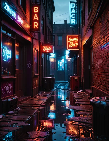 A highly detailed and realistic photograph of a dark alleyway behind a bar at night. The narrow passage is dimly lit by a flickering neon sign casting a moody red and blue glow onto the wet pavement. The walls are made of old, weathered brick covered in graffiti, with metal fire escapes zigzagging above. Trash bags and discarded crates are scattered along the alley, and a few puddles reflect the neon lights, adding depth to the scene. A single, dented metal door with a small, barred window leads into the back of the bar, with a faint warm light seeping through the cracks. The air is thick with mist, and the distant hum of the city is broken only by the occasional drip of water from a rusted drainpipe. A sense of mystery and urban grit fills the atmosphere, evoking a cinematic, noir-style aesthetic.
<lora:SDXLFaeTastic2400:0.4> <lora:extremely_detailed:0.4> extremely detailed, <lora:all3yway-ill:1>,all3yway, Masterpiece,best quality,hi res,8k,hi res,8k,award winning,(sharp focus, intricate, highly detailed),