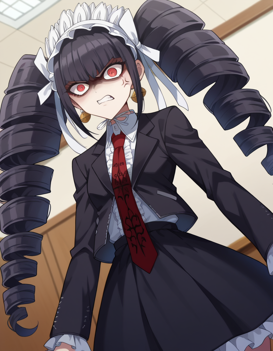 score_9, score_8_up, score_7_up, source_anime,
celestialudenberg, <lora:celestia-ludenberg-ponyxl-lora-nochekaiser:1>,
celestia ludenberg, long hair, bangs, black hair, red eyes, long sleeves, twintails, drill hair, twin drills, angry, anger vein,
skirt, shirt, black hair, long sleeves, jewelry, jacket, earrings, frills, necktie, black skirt, black jacket, red necktie, bonnet, print necktie,
indoors, classroom,
looking at viewer, cowboy shot, dutch angle,