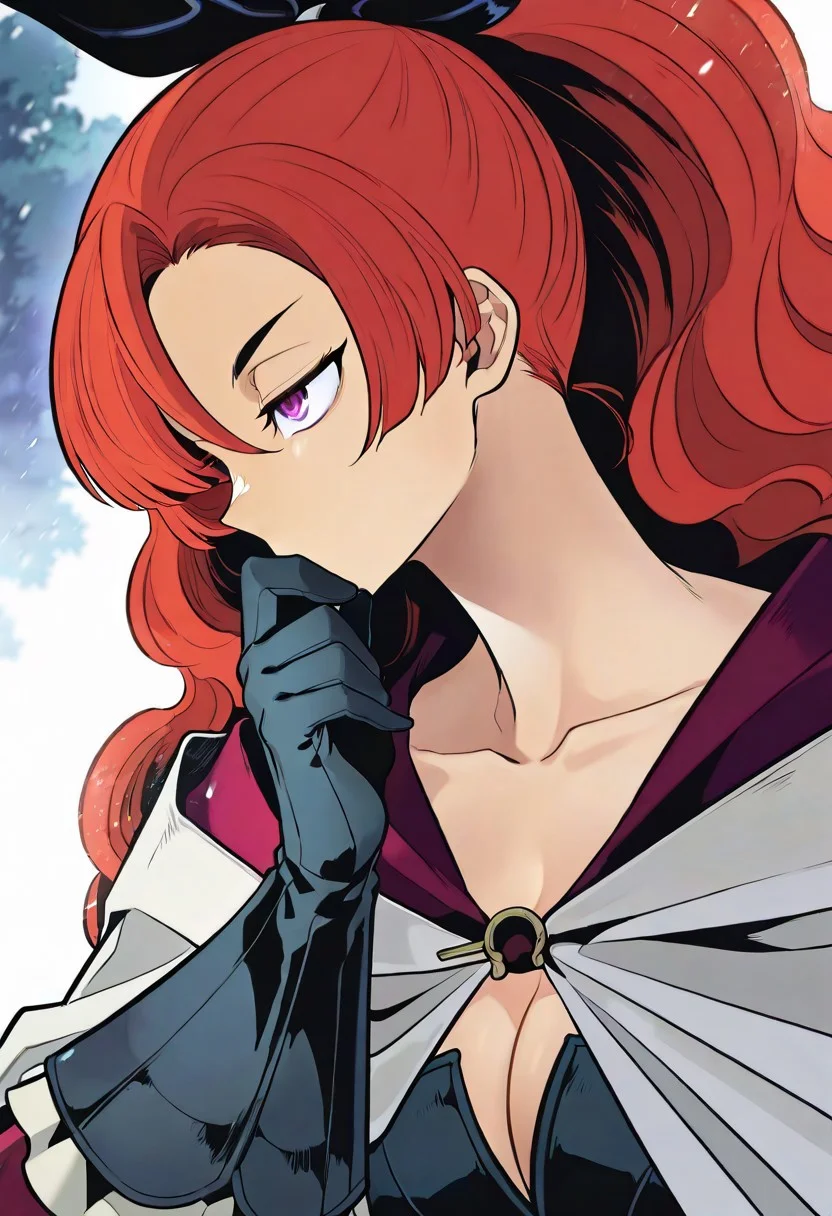 amazing quality, white theme, masterwork, masterpiece, best quality, dynamic pose, dynamic angle, (lineless:1.2), detailed,, depth of field, blurry, cheekbones, dynamic lighting, high detail, 8k,
bamirade, 1girl, solo, purple eyes, red hair, very long hair, ponytail, wavy hair, hair bow, bangs, black gloves, cape, collarbone, cleavage, thighhighs, boots, dress, high heels, armor,
epic scene, dim lighting, glowing theme, wind, outdoors, dim light, strong will, still, half closed eyes, pensive, light particles, half close up, looking away, side view, pastel colors, portrait, upper body, sfw