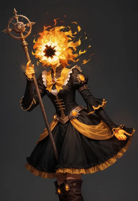 score_9, score_8_up, score_7_up,
lord_of_frenzy, fire head,
holding magic staff,
novakin, faceless, no eyes, no mouth, no nose, no facial features, short fiery yellow orange hair, body made of black plasma,
magical girl outfit, steampunk dress, boots,
simple background, grey background