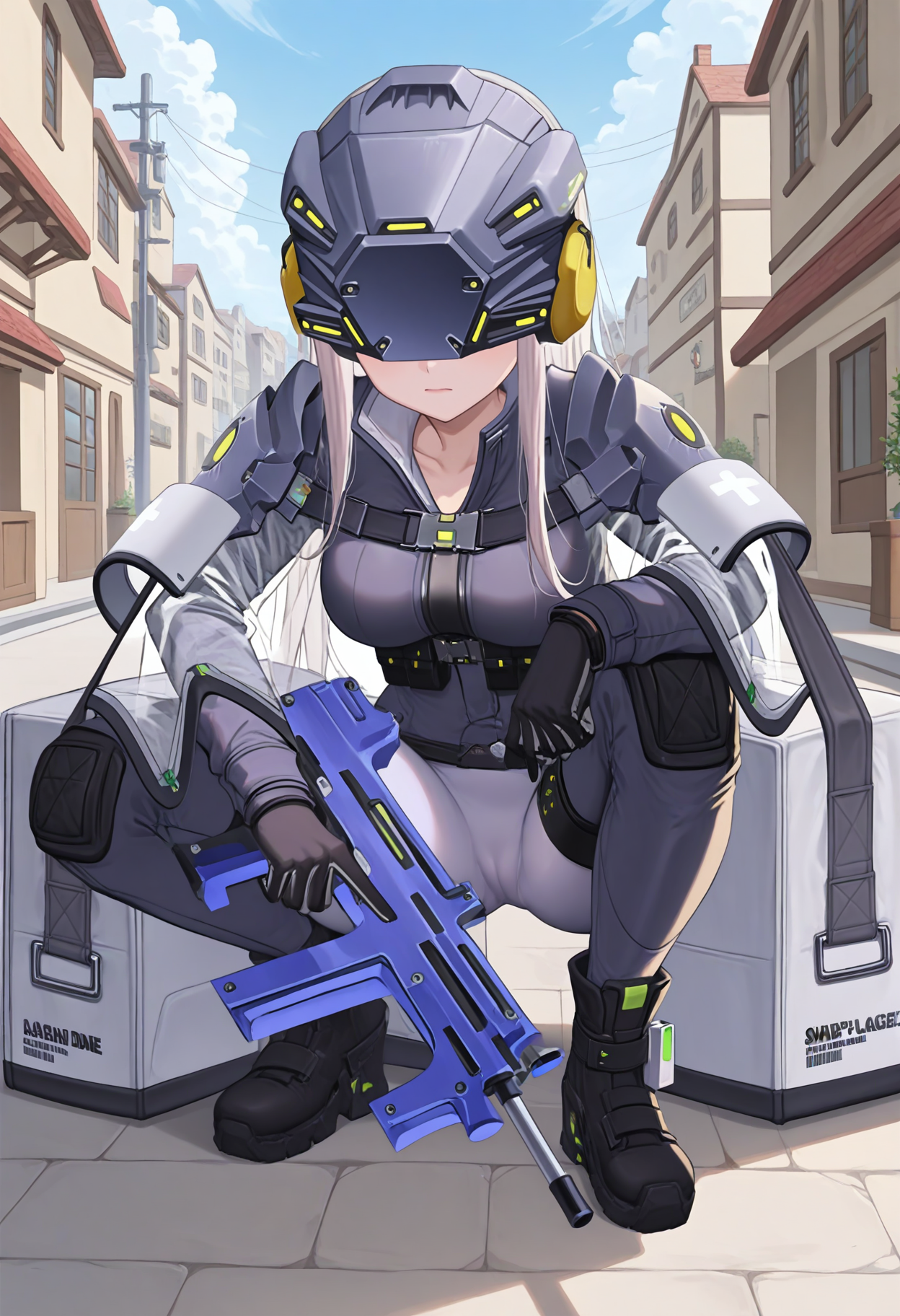 best hands, 5 fingers <lora:mn_I-doll_Ocean_IL:1>on one knee, full body,
emn_I-doll_Ocean, official art, 1girl, solo, serious, Silver long hair, medium breasts, head-mounted display,
long sleeves, jacket, black gloves, Grey bodysuit, belt, see-through cape, thigh strap, pouch, knee pads, thigh pouch, snap-fit buckle, Leg Cover, Leg Cover text, boots, shoulder armor, cameltoe, holding bag, Bag text,
holding Machine gun,
BREAK outdoors, day, street,