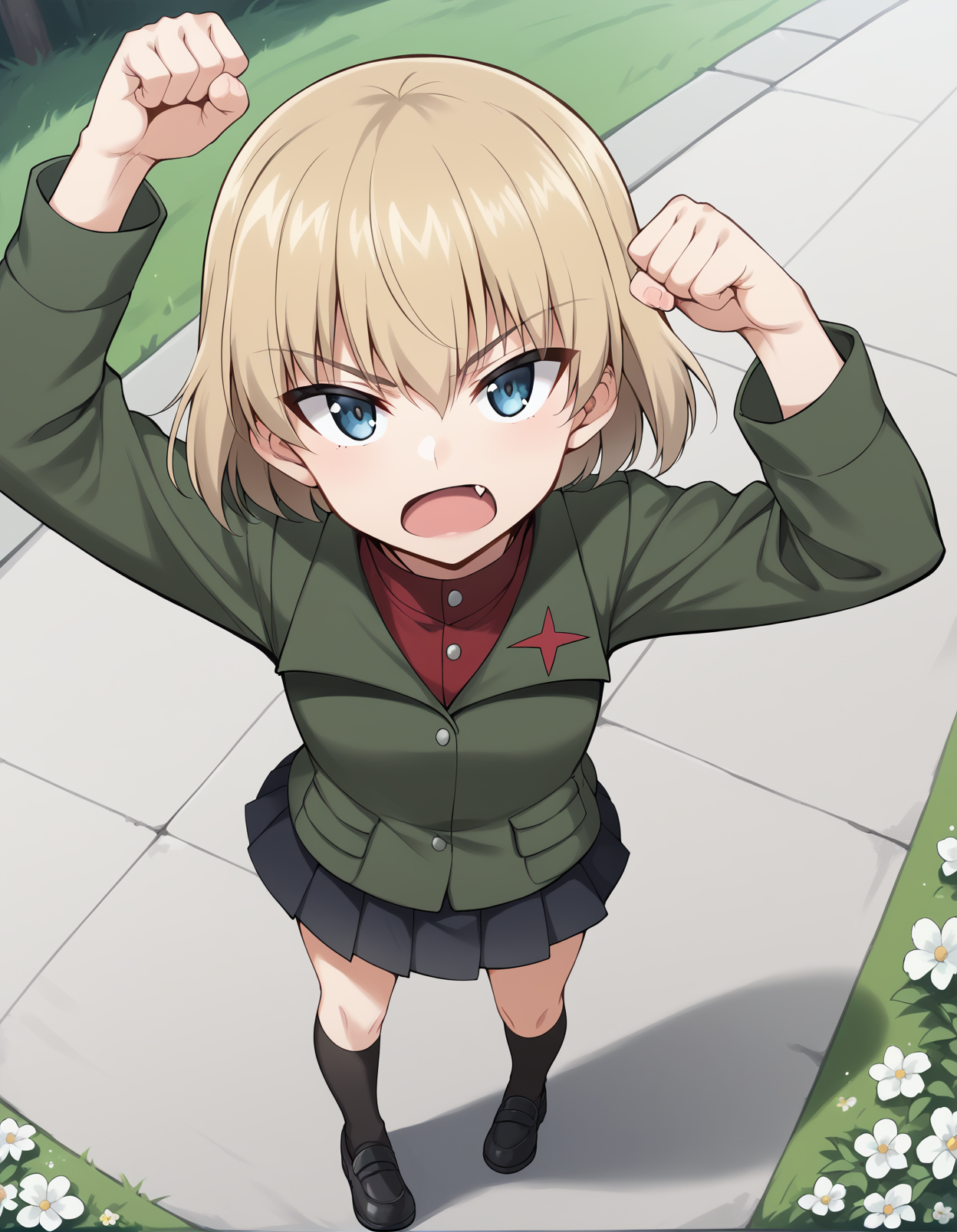 score_9, score_8_up, score_7_up, score_6_up, score_5_up, score_4_up, source_anime, rating_safe, BREAK <lora:katyushaXL_LoRA-C3Lier_AdamW_Dim8_Alpha8_UN-3e-4_TE-1.5e-4_10batch_ponyDiffusionV6XL_v6StartWithThisOne:1>, katyusha \(girls und panzer\), 1girl, blonde hair, short hair, blue eyes, fang, red turtleneck, green collared jacket, long sleeves, pleated skirt, miniskirt, black socks, black footwear, open mouth, looking up, looking at viewer, frown, dutch angle, from above, arms up, clenched hand, pov, standing, road, flower, grass
