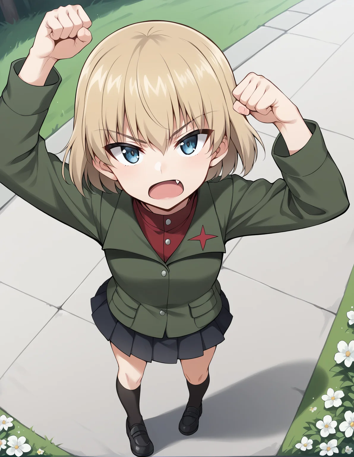 score_9, score_8_up, score_7_up, score_6_up, score_5_up, score_4_up, source_anime, rating_safe, BREAK <lora:katyushaXL_LoRA-C3Lier_AdamW_Dim8_Alpha8_UN-3e-4_TE-1.5e-4_10batch_ponyDiffusionV6XL_v6StartWithThisOne:1>, katyusha \(girls und panzer\), 1girl, blonde hair, short hair, blue eyes, fang, red turtleneck, green collared jacket, long sleeves, pleated skirt, miniskirt, black socks, black footwear, open mouth, looking up, looking at viewer, frown, dutch angle, from above, arms up, clenched hand, pov, standing, road, flower, grass