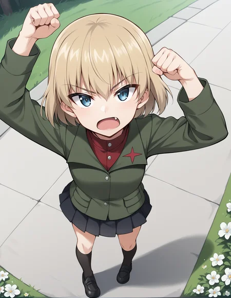 score_9, score_8_up, score_7_up, score_6_up, score_5_up, score_4_up, source_anime, rating_safe, BREAK <lora:katyushaXL_LoRA-C3Lier_AdamW_Dim8_Alpha8_UN-3e-4_TE-1.5e-4_10batch_ponyDiffusionV6XL_v6StartWithThisOne:1>, katyusha \(girls und panzer\), 1girl, blonde hair, short hair, blue eyes, fang, red turtleneck, green collared jacket, long sleeves, pleated skirt, miniskirt, black socks, black footwear, open mouth, looking up, looking at viewer, frown, dutch angle, from above, arms up, clenched hand, pov, standing, road, flower, grass