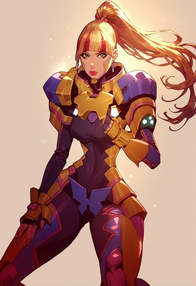 score_9,score_8_up,score_7_up,score_6_up, KK_Anime,
1girl,
solo,
blonde hair,
Long hair,
red streaks,
ponytail,
earrings,
green eyes,
red lips,
mecha bodysuit,
medium breasts,
dynamic pose,