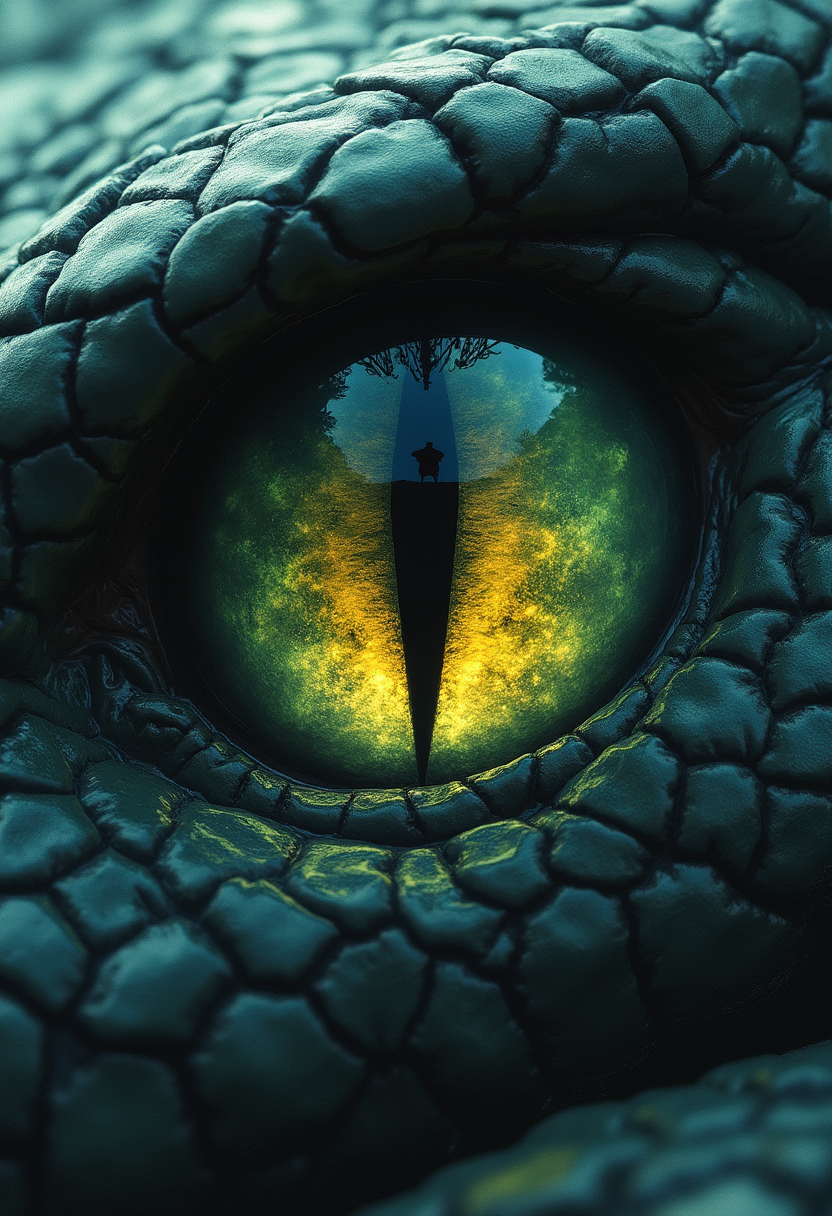 "A hyper-detailed focus on the eye of an enormous abyssal serpent, its pupil a vertical slit surrounded by a swirling galaxy of colors—blacks, iridescent greens, and hints of sickly yellow. The scales around the eye are cracked and ancient, each one shining with a dull, oily sheen. Reflected in the serpent’s eye is the figure of a lone, tiny adventurer, frozen in terror. The style is hyper-realistic, with intense texture on the serpent’s scales, and the colors are dark, iridescent, with a metallic sheen, creating an otherworldly and unsettling atmosphere."