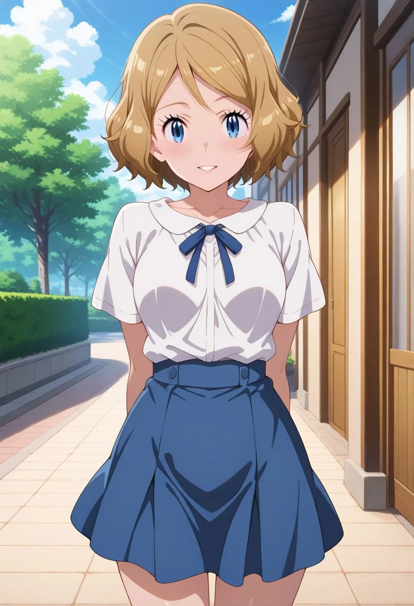 very_aesthetic, best_quality ,high_resolusion,ultra detailed,easynegative,EasyNegativeV2,anime screencap,
standing, straight-on, smile,parted lips,outdoor, cowboy shot,shirt,skirt,
Serena,blonde_hair, blue_eyes, short hair, wavy hair,