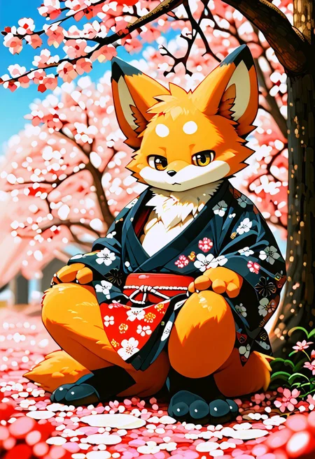zuppu11, full body, solo, furry, score_9, score_8_up, look at viewer, male focus, no humans, furry male, flux-style, detailed eyes, fox, japanese clothes, sitting by the cherry blossom tree