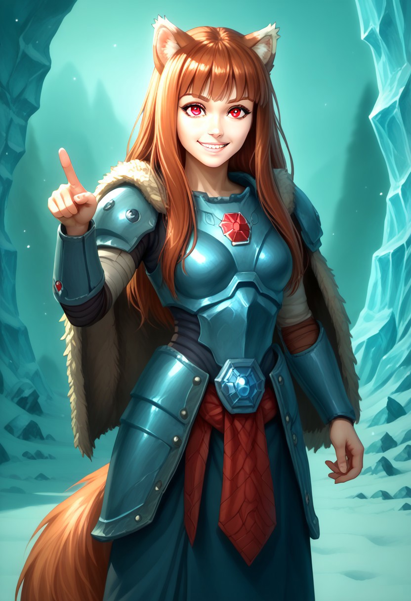 score_9, score_8_up, score_7_up, masterpiece, perfecteyes, holo, brown hair,long hair,red eyes, wolf girl,wolf ear,wolf tail, solo, , looking at the viewer, detailed background, wearing power armor, spcwlf, , proud smile, she feel pumped up and heroic, ice, snow, icy cavern, outdoors, fur cloak, holo in spcwlf armor, pointing at the viewer with one hand while her other hand in akimbo pose, she says "Afraid not citizen, holo protects", heroic pose, full body