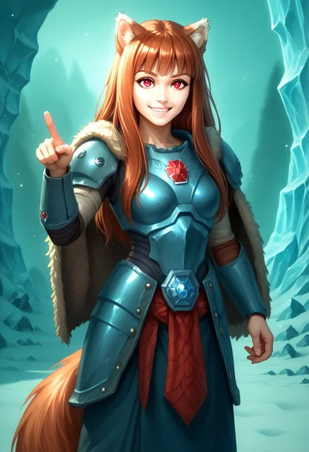 score_9, score_8_up, score_7_up, masterpiece, perfecteyes, holo, brown hair,long hair,red eyes, wolf girl,wolf ear,wolf tail, solo, , looking at the viewer, detailed background, wearing power armor, spcwlf, , proud smile, she feel pumped up and heroic, ice, snow, icy cavern, outdoors, fur cloak, holo in spcwlf armor, pointing at the viewer with one hand while her other hand in akimbo pose, she says "Afraid not citizen, holo protects", heroic pose, full body