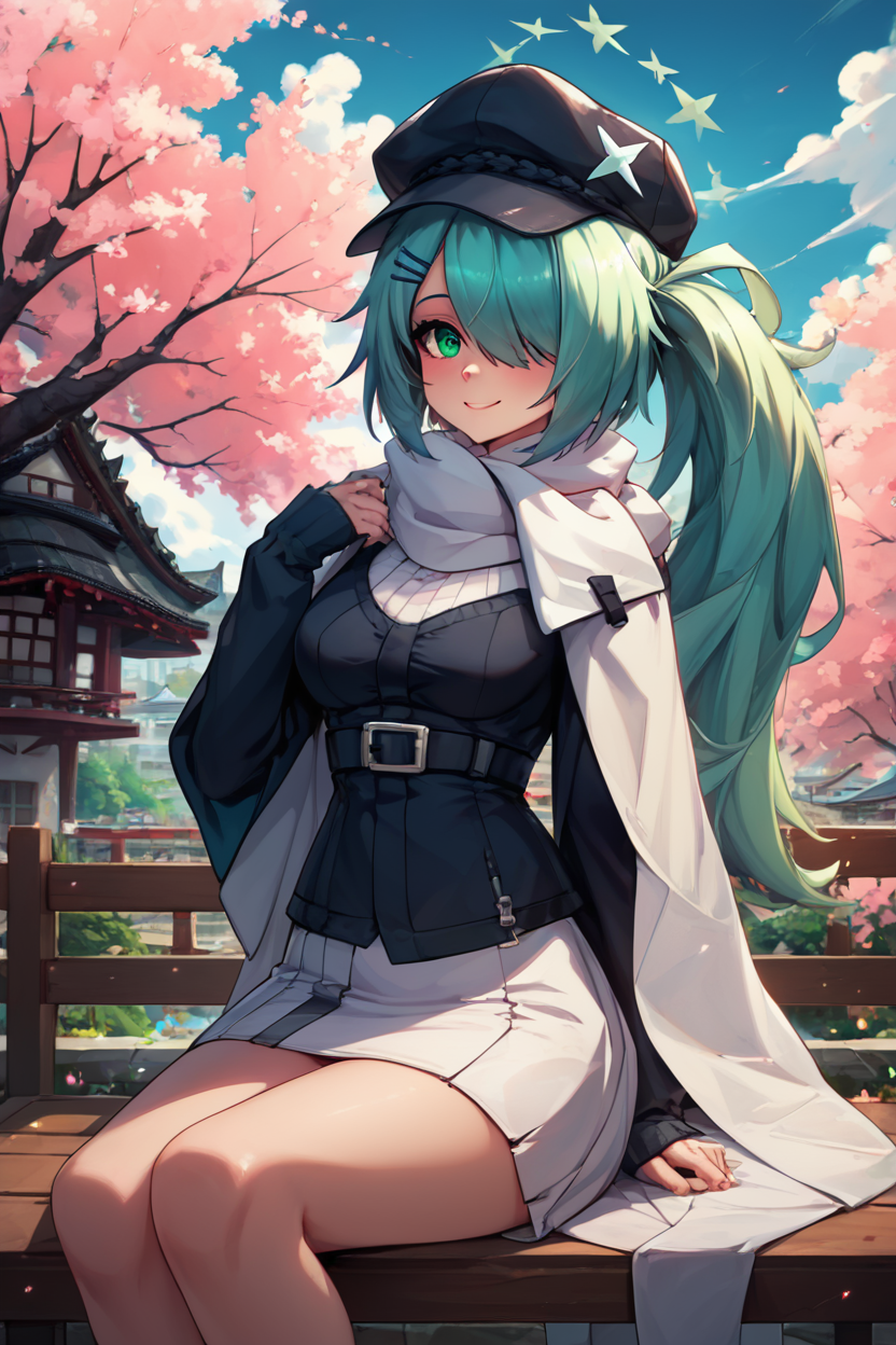 score_9, score_8_up, score_8, medium breasts, (curvy), cute, eyelashes,       BREAK, , ,,,  zzHiyori, long hair, hair over one eye, side ponytail, hairclip, hair ornament, aqua hair, green eyes, black headwear, hat, cabbie hat, long sleeves, white skirt, belt, white scarf, <lora:Hiyori_BlueArchive_PDXL_v2:0.8>,   ,,,, BREAK, sitting on bench, side view, smile, looking at viewer, cowboy shot,  ,,, BREAK, pnkBldng, sky, day, cloud, tree, blue sky, building, architecture, east asian architecture,  ,,, BREAK, embedding:zPDXL, Expressiveh,  ,,, <lora:PinkBuildingsPDXL_v2:0.6>, <lora:SDXLFaeTastic2400:0.5>, <lora:Expressive_H-000001:0.4>