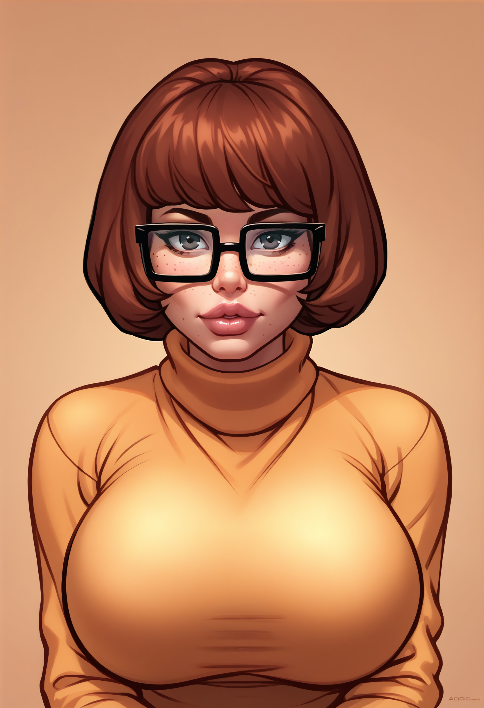score_9, score_7_up <lora:thepit-guy-PONY-DORAv1:1>, 1girl, solo, velma dace dinkley, sweater, lips, glasses, looking at viewer, freckles, portrait, mature female, large breasts,