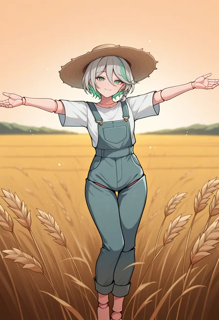 masterpiece, best quality, 1girl, solo, CeciliaImmergreen, green eyes, doll joints, grey hair, colored inner hair, streaked hair, short hair, side braid, overalls, slight smile, straw hat, wheat field, looking at viewer, outstretched arms, happy, wide shot, <lora:ChamCeciliaImmergreenIllustriousXL:1>