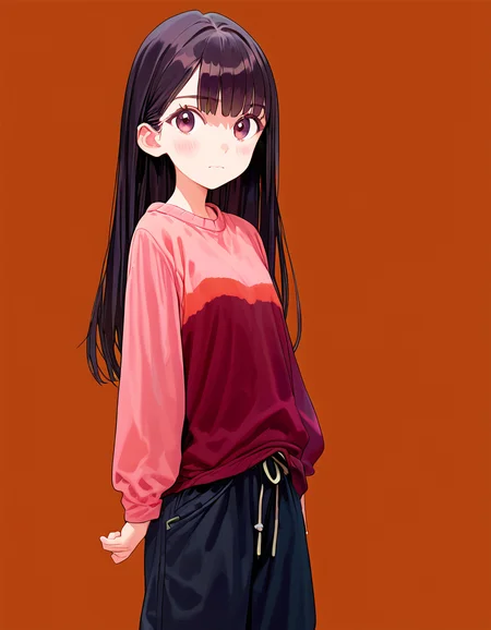 score_9, score_8_up, score_7_up, 1girl, petite, cute, blush, long hair, black hair, looking at viewer, arms at sides, baggy pants, simple background, cowboy shot, closed mouth, long sleeves, sweater, film grain, <lora:focke_wulfPony2:1>
