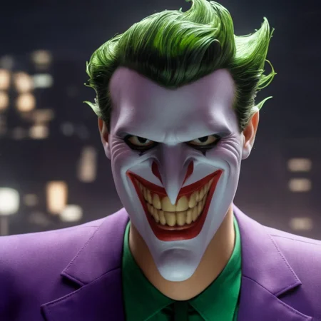Hyperrealistic art of  <lora:Joker:1.5>
The Joker in manga style with a purple suit and tie in Gotham city universe, Extremely high-resolution details, photographic, realism pushed to extreme, fine texture, incredibly lifelike
