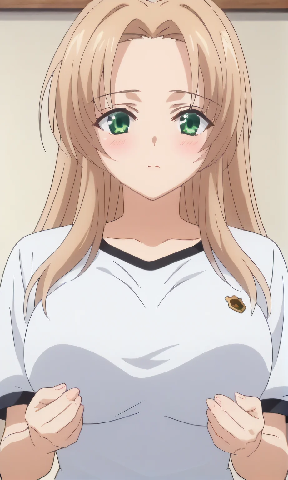 score_9, score_8_up, score_7_up, source_anime, rating_safe, intricate details, anime screencap, official style, anime coloring, 1girl, solo, <lora:DXD_Gym_Uniform:1>, dxdgymuni, white shirt with emblem, indoor, looking away, large breasts, <lora:PONY_Misaki_Torare:1>, misaki, long hair, light brown hair, green eyes, upper body, blush, hands up, five fingers