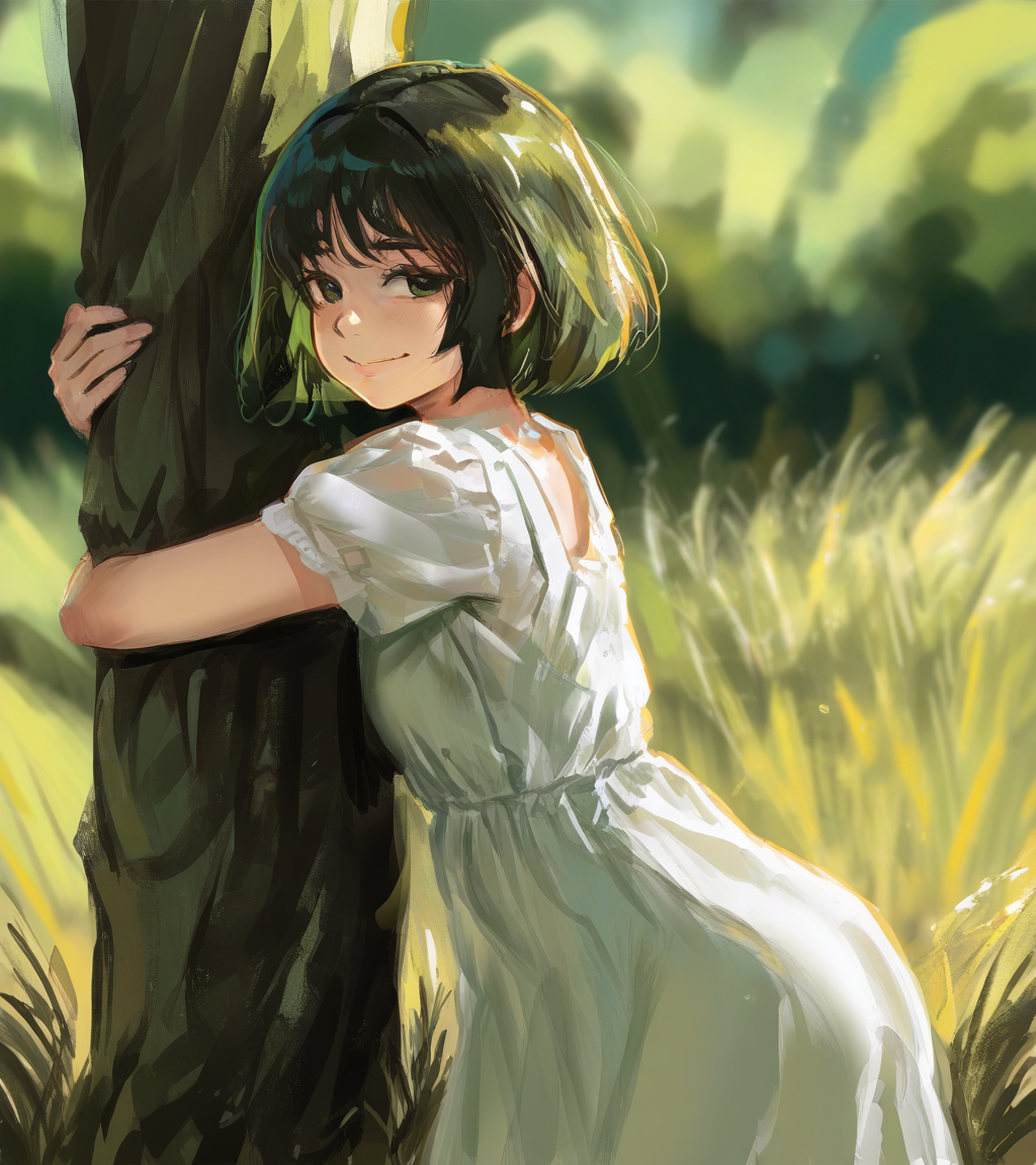 amazing quality, best quality, highres, 1girl, side view, smile, hugging tree, dress, bob cut, bangs, grass, blurry background, green theme, <lora:Pluvium_Grandis_v2:1>