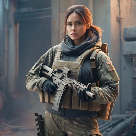 concept art of  <lora:Cinematic Girls With Guns Style:1>
a woman holding a machine gun in her hand Cinematic Girls With Guns Style, digital artwork, illustrative, painterly, matte painting, highly detailed