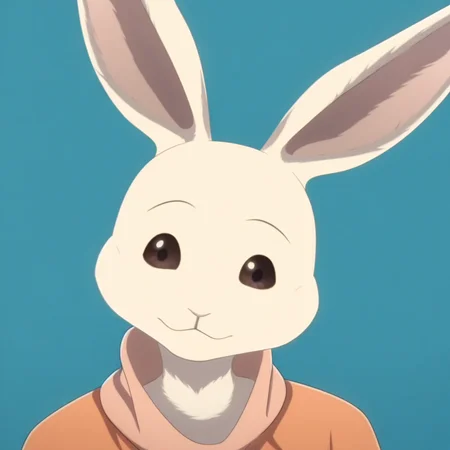 score_9, score_8_up, score_7_up, masterpiece, best quality, highly detailed, realistic, HaruS3, long sleeves, 1girl, solo, furry, anthro, lagomorph, female rabbit, pink inner ear, black eyebrows, thin eyebrows, brown sclera, black eyes, glistening eyes, white body, white fur, clothed, orange shirt, orange topwear, smile, looking at viewer, closed mouth, blue background, simple background, upper body, close-up