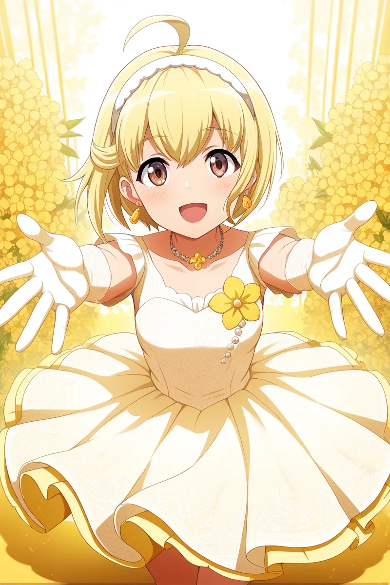 masterpiece, best quality, amazing quality,
<lora:Otori_IL:1> michiru, 1girl, solo, gloves, blonde hair, dress, flower, white gloves, jewelry, ahoge, short hair, yellow flower, hairband, smile, outstretched arms, open mouth, earrings, looking at viewer, layered dress, brown eyes, collarbone, yellow theme, necklace, white hairband, :d, white dress