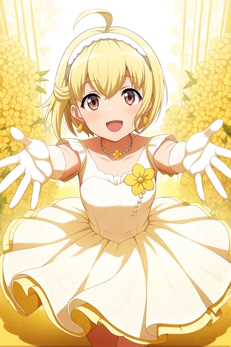 masterpiece, best quality, amazing quality,
<lora:Otori_IL:1> michiru, 1girl, solo, gloves, blonde hair, dress, flower, white gloves, jewelry, ahoge, short hair, yellow flower, hairband, smile, outstretched arms, open mouth, earrings, looking at viewer, layered dress, brown eyes, collarbone, yellow theme, necklace, white hairband, :d, white dress