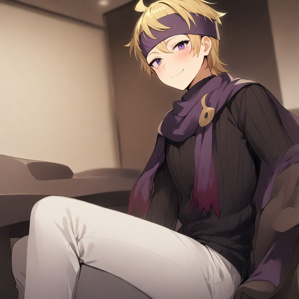1boy, blonde hair, purple eyes, purple headband, purple scarf, black sweater, ribbed sweater, white pants, solo, best quality, high quality, very aesthetic, abusrdres, smile, blush, sitting, indoors, chair