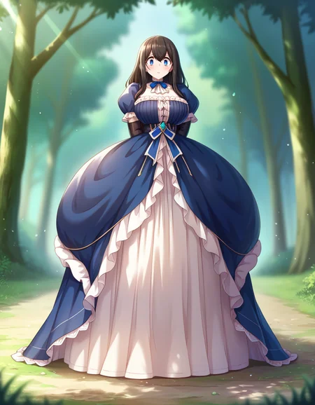 <lora:SagisawaFumika_pony_v1:1>score_9, score_8_up, score_7_up, score_6_up, score_5_up, score_4_up, solo, 1girl, source_anime, cel shading, cute, masterpiece, best quality, southern belle, long dress, layered dress, very dark blue dress, victorian boots, very long gloves, black gloves, sgswfmk, long hair, brown hair, black hair, bangs, hair between eyes, blue eyes, (gigantic breasts), ((gigantic ass)), thick thighs, wide hips, (plump:1.1), curvy, voluptuous, shy, worried, arms behind back, dot mouth, blush, shocked, looking at viewer, surprised, constricted pupils, standing, full body, detailed background, forest, outdoors, depth of field, blurry background, atmospheric perspective