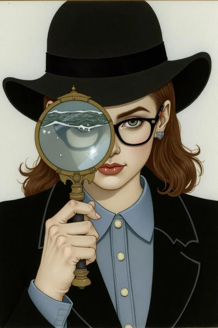 olgadugina1 illustration.
Portrait of a female detective scowling into a magnifying glass. The glass is crystal clear, showing a water portal through the glass. The detective is wearing a pair of old fashion glasses, and a black suit that emanates her shadowy figure. <lora:olgadugina2_cap_d6a3e9:1.0><lora:858117306541163432:0>