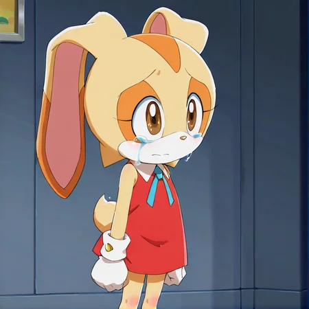 hi res, best quality, female, Score_9, score_8, score_7 BREAK, best anatomy, (solo), small body, young, petite, ultra detailed, short, (source_cartoon), (((show accurate))), (masterpiece), <lora:Cream_the_Rabbit:1>, cre@m_the_rabbit, furry, rabbit ears, two-tone fur, animal nose, brown eyes, orange dress, rabbit girl, white gloves, neck ribbon, blue ribbon, sleeveless, official style, rabbit tail, 1girl, standing, sad, crying