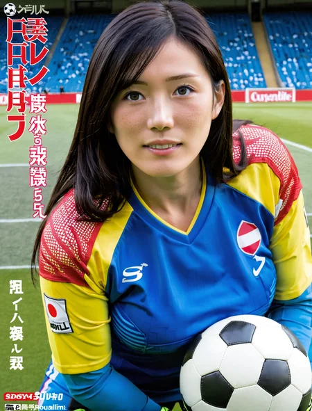 JAVmag, japanese magazine, busty woman, (freckles:0.8), 1girl, realistic, detailed, realism, <lora:JAV_magazine_SDXL:0.8>, dark hair, milf, goalie, football,