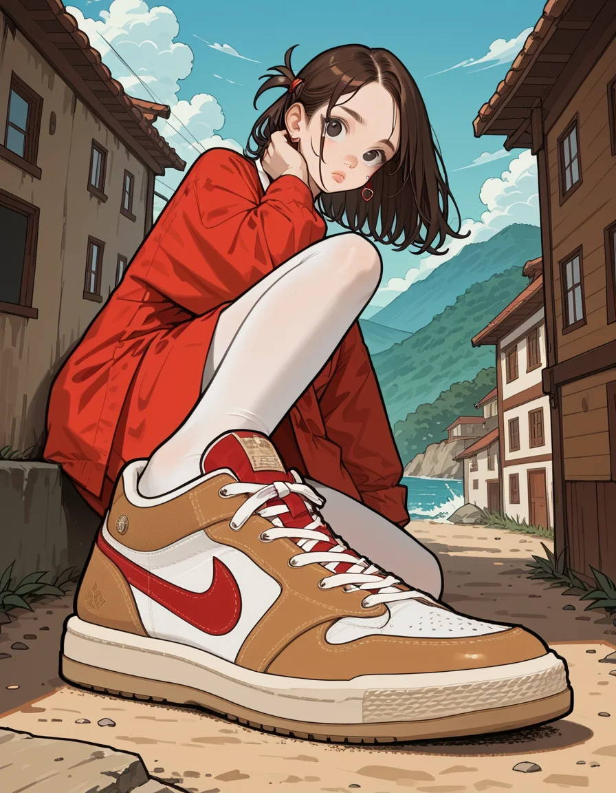 score_9, score_8_up, score_7_up, score_6_up, score_5_up, score_4_up, hud_sh03_sh0w, 1girl, solo, Red , Sandals, Chambray shirt, white pleated mini skirt, light brown tights, and oxford shoes, Escort, Short, Fit, Oval Face, Fair Skin, Dark Brown Hair, black Eyes, Narrow Nose, Thick Lips, Round Chin, Shoulder-Length Hair, Straight Hair, Loose Waves, natural breasts, Stud earrings, soft pink satin lipstick, Exclusive art gallery opening foreshortening, looking at viewer, <lora:showinshoes:0.8>, outdoors,