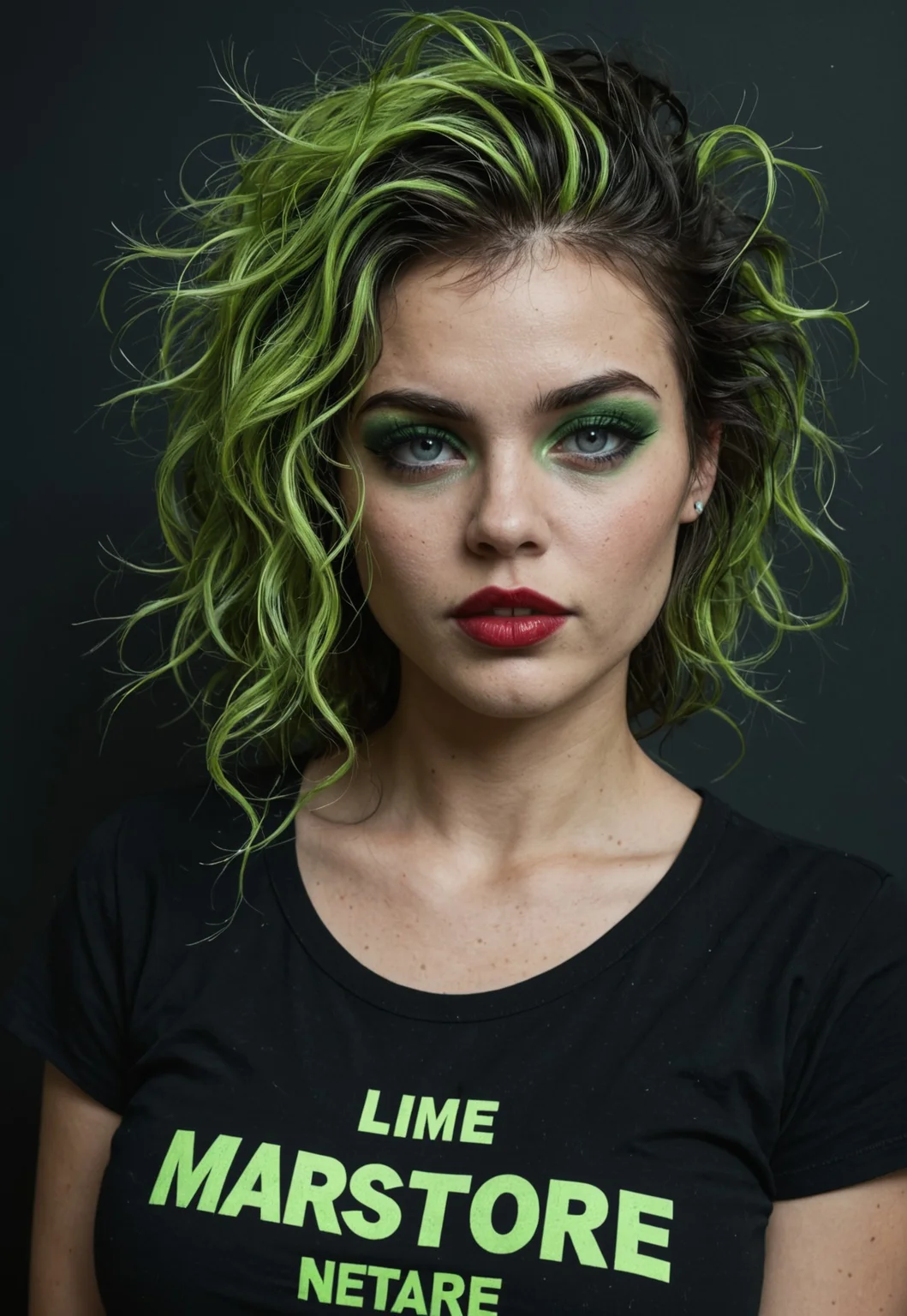 masterpiece, best quality, ultra-detailed, realistic skin, intricate details, high resolution, masterpiece, best quality, amazing quality, ultra realistic. Sexy goth woman, black and lime green medium long messy hair, grey eyes, large breasts, lime green eyeshadow, deep red lips, black t-shirt, simple background