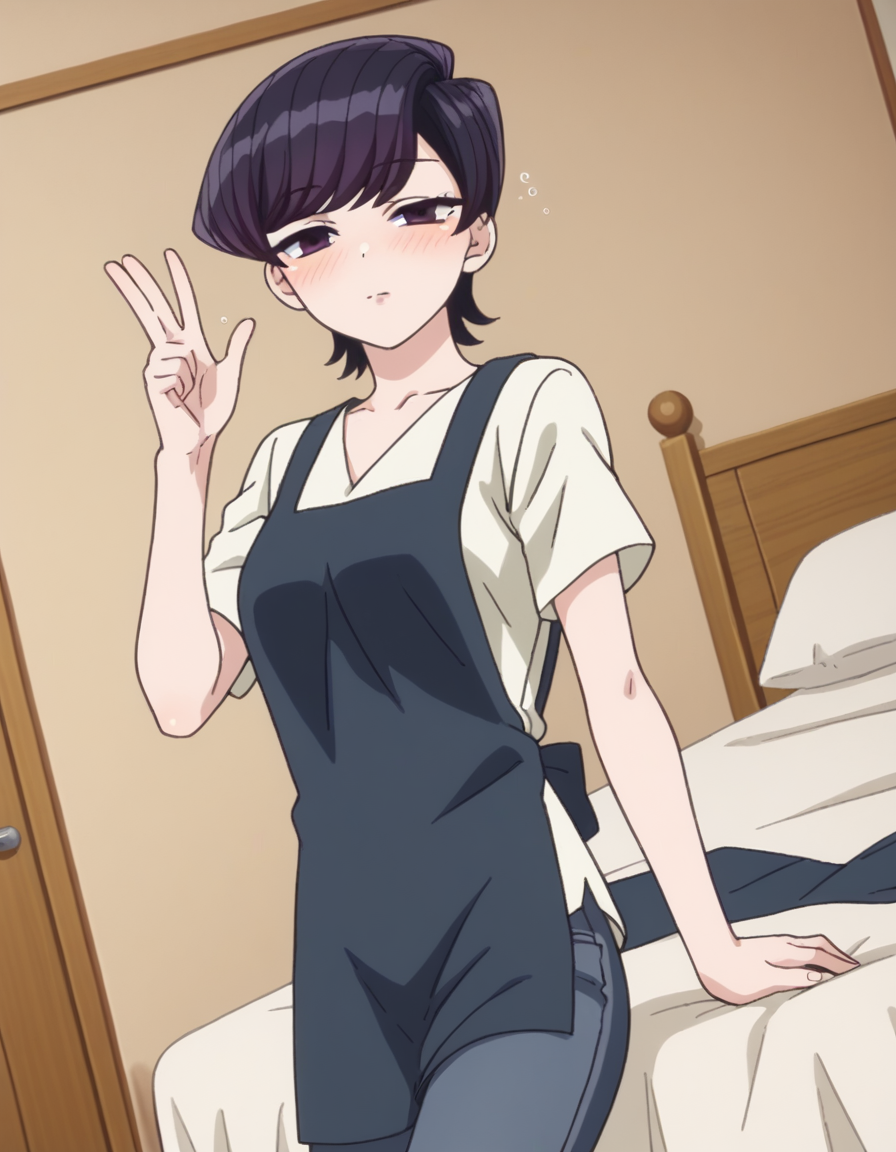score_9, score_8_up, score_7_up, source_anime,
shuukokomi, <lora:shuuko-komi-s1s2-ponyxl-lora-nochekaiser:1>,
shuuko komi, short hair, black hair, black eyes, half-closed eyes,
shirt, white shirt, short sleeves, pants, apron, denim, jeans, blue apron,
indoors, bed, bed room, on side, blush, drunk,
looking at viewer, cowboy shot, dutch angle, solo,