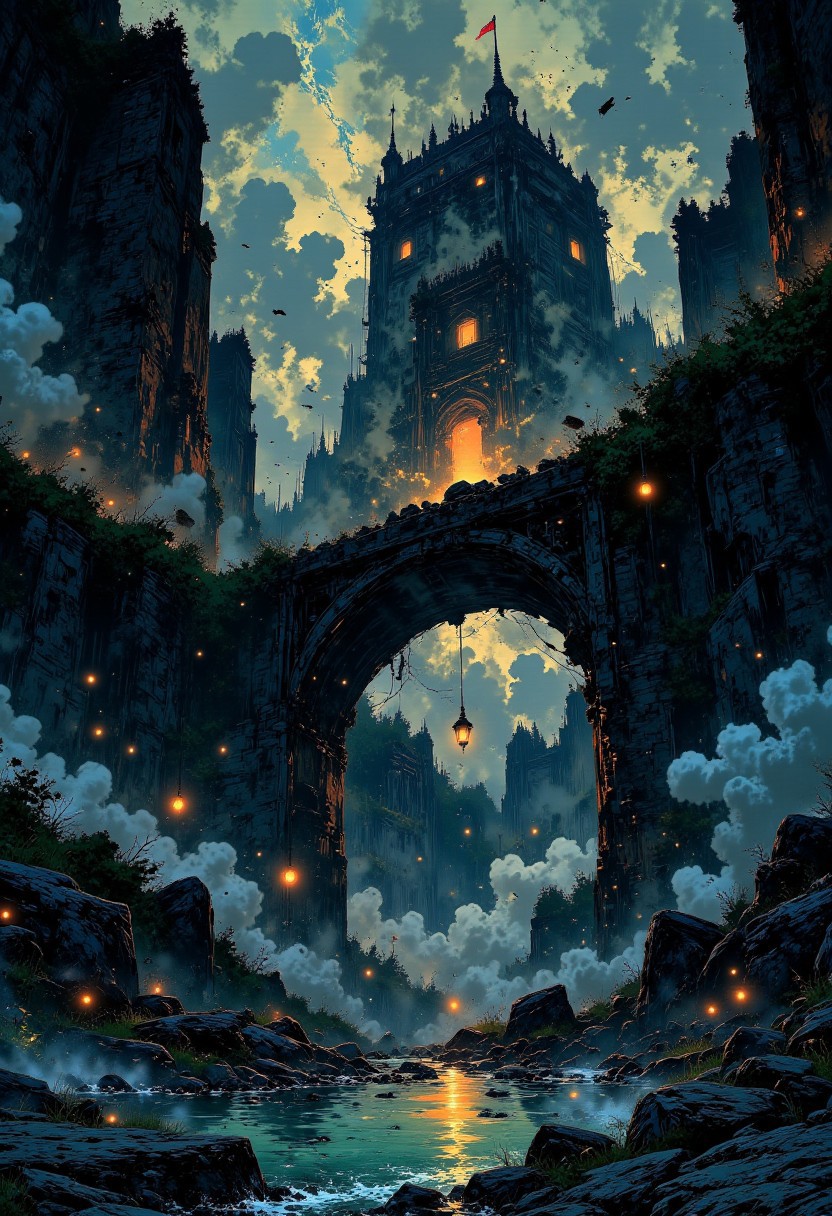 The Abyss Below – Floating Ruins & Bottomless Darkness
"Towering ruins of a forgotten empire float over an abyss of pure darkness, their stone bridges crumbling into nothingness. The sky above is cracked, revealing glimpses of something vast and writhing beyond reality. Black tendrils of mist rise from the abyss, coiling around the shattered remnants of temples and towers, whispering in forgotten tongues. The only light comes from ghostly, flickering lanterns hanging from rusted chains, suspended over the void."