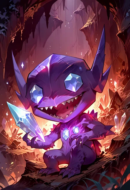 score_9, score_8_up, score_7_up, (source_anime, rating_safe), solo,  (slimes_sableye, noseless, chibi body), ( wide smile, open mouth), (cave, glowing crystals, crystals), (detailed image, high resolution, 5k resolution:1.0), (dark theme, dark , dim light)