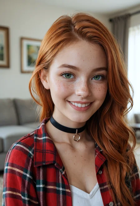 score_9, score_8_up, score_7_up, high detailed texture, photograph, realistic,
upper body, close up, cute woman, beautiful, 20 years old, dreamy, green eyes, freckles, soft smile, shoulder length ginger hair at side, living room, flannel shirt, black choker