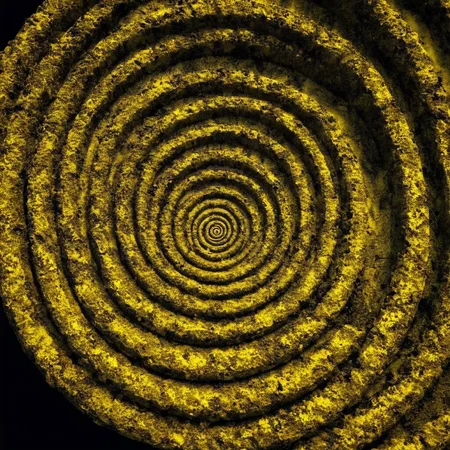Horror-themed, <lora:perfection style:0.6>
<lora:Chiaroscuro Lighting Style:0.6>
<lora:carcosa city style v2:0.9>
In an ancient and mysterious world a yellow spiral design with a black background,solo,no humans,black background,yellow theme , detailed, real, different, unique, cinematic, dramatic, concept art, filmic, detailed background, detailed settings, artstation, carcosa city style, Eerie, unsettling, dark, spooky, suspenseful, grim, highly detailed