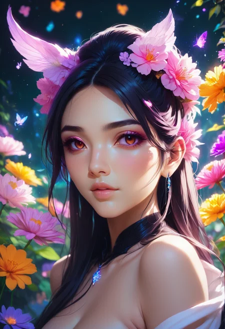 <lora:SDXLFaeTastic2400:0.8>, (((masterpiece))) , (((best quality))) , anime style, 2d, Exotic Extraordinary buxom Modern (good-looking 1girl, solo:1.2) , Eyeshadow, lush flowers, Lowbrow Art, F/8, anime sketch, orientalism, illustrious, magical atmosphere, cool colors, fantastic aesthetic, complimentary colors, stunning detail, dynamic composition