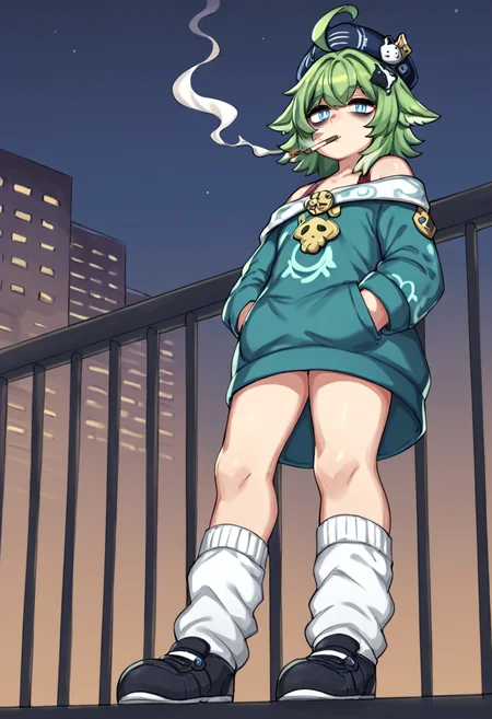<lora:Bobabamory_Style_Pony:0.7>, against railing, hands in pockets, smoking, cigarette, bags under eyes, city, looking at viewer, night, <lora:huohuo:0.6> hat, animal ear, green hair, green eyes, blue eyes, hair ornaments, hat ornament, paw-shaped pupils, socks, ahoge, loose socks, shoes, off shoulder, long sleeves, from below, dynamic pose, score_9, score_8_up, score_7_up, score_6_up,