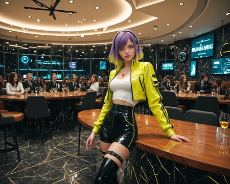 young 1girl, solo, short hair, purple hair, two-tone hair, colored inner hair, yellow hair, very long hair,swept bangs, black hairclip, hairband, sidelocks, drill sidelocks, blue eyes, white shirt, cropped jacket, yellow jacket with green accents, jewelry, necklace, necktie, zipper, neon trim, thigh strap, thighhighs, asymmetric legwear, parted lips, (light smile:0.7), head tilt, (dynamic pose:0.4), medium breasts, scenery, science fiction, hotel lobby, table, seats, glass door, clock, marble wall, crowd, masterpiece, best quality, realistic, film grain, newest, aidmafluxpro1.1, aidmaMJ6.1 <lora:aidmaFLuxPro1.1-IL-v0.3:0.3> <lora:aidmaMJ6.1_v0.5_IL:0.2> <lora:RealisticIL-000001:0.2> <lora:- iLL - the_edgy_mech_V3.0:0.3>âââ