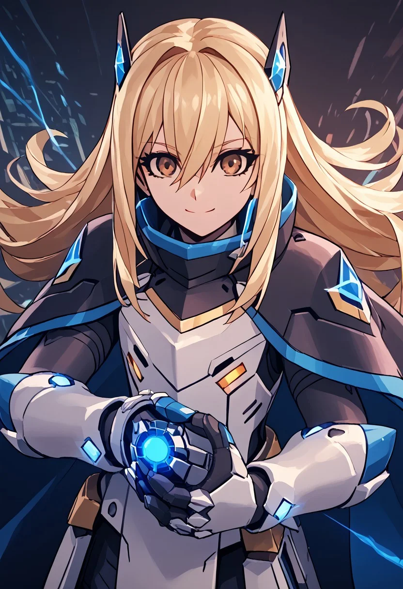 score_4,score_5,score_6,score_7_up,score_8_up,score_9
((masterpiece,best quality,ultra detailed,highres,HD,4k:1.2)),
Azure Striker Gunvolt(Main),shining highlights,
1girl, solo, girl focus,solo focus,face focus,
asukatj_def, brown eyes, blonde hair, long hair, hair between eyes,
cape, cloak, armor, spikes, gauntlets,
smile,light smile,