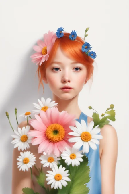 (<lora:jing:0.8>YJ),no humans,flower,still life,white flower,pink flower,leaf,white background,simple background,daisy,blue flower,realistic,orange flower,1girl,